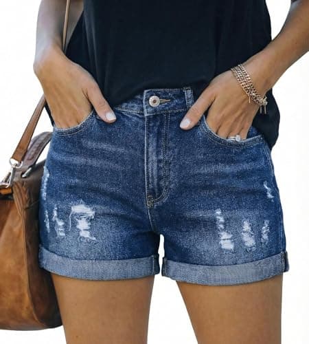 onlypuff Women Jean Shorts High Waisted Old Denim Shorts Stretch Shorts with Pockets Navy 8 - Image 1