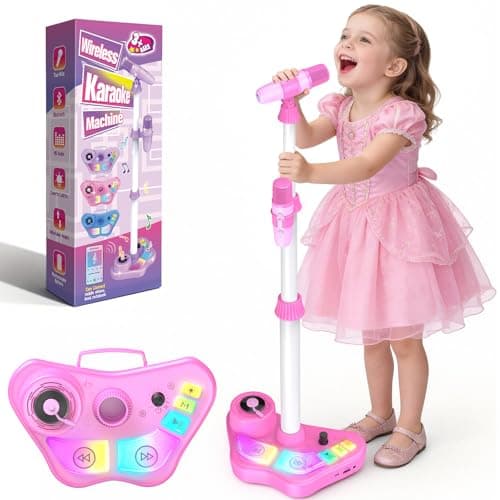 Kids Adjustable Stand Karaoke Machine Toy, 3-8 Year Old Girls Rechargeable Microphone Portable Bluetooth Speaker with 2 Mics, Toddlers Birthday Party Gifts Singing Toys for Girl Ages 3 4 5 6 7 8 - Image 1