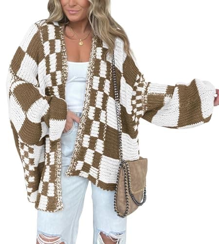 BTFBM Casual Cardigan Sweater for Women Fall 2025 Long Sleeve Open Front Chunky Knit Sweaters Checkered Outwear Coat(Light Brown,Small) - Image 1