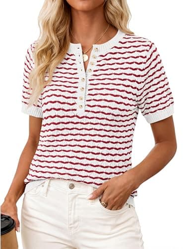 PRETTYGARDEN Womens Knit Summer Tops Button Short Sleeve Sweater Casual Crewneck Chevron Henley Shirts Dressy Work Blouses(Red White,X-Large) - Image 1