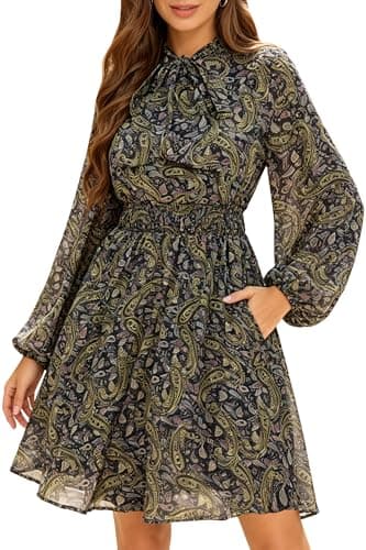 Ystguic Women's Long Sleeve Bow Tie Smocked Empire Waist A Line Flowy Chiffon Midi Dress M Medium Bohemain Vintage Multi Boho Paisley Floral Elegant Casual Vocation Cocktail Dresses for Seniors - Image 1