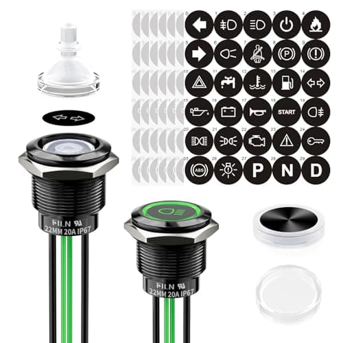 FILN 2PCS 22mm Momentary Push Button Switch,20A on Off Switch 12v-24v IP67 Waterproof Marine Switches for Car, Boat, Motorcycle, DIY Enthusiasts(Green, 185 Replacement Symbols, Black Shell)