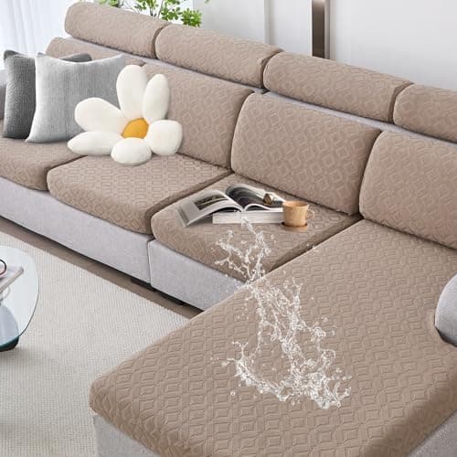 Couch Cushion Covers Waterproof, Couch Covers for 3 Cushion Couch Sofa Pet Friendly, Stretch Sectional Couch Covers Non Slip, Washable, Sofa Slipcovers with Elastic Bottom (3 Seater + 1 Chaise) - Image 1