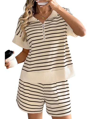 LTSCNRM Womens Striped Two Piece Sets Zip Polo Tee Drawstring Shorts Summer Casual Matching Lounge Vacation Outfits(Coffee-XL) - Image 1