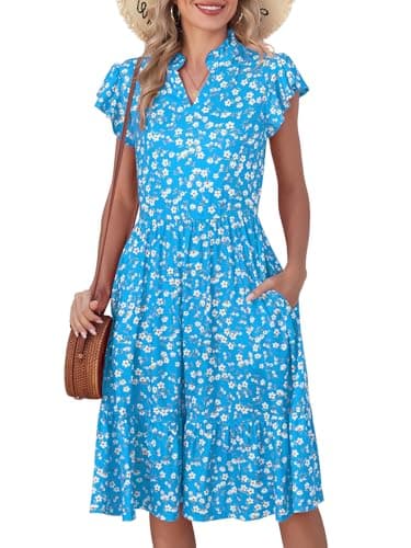 Lyrur Womens Summer Dresses 2026 Flutter Sleeve V Neck Midi Dress Casual Flowy Tiered Beach Sundress (M,7070 Blue Floral) - Image 1
