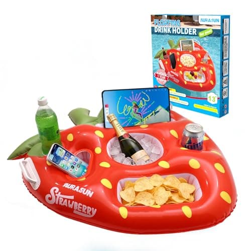 AURASUN Inflatable Strawberry Floating Tray with Drink Holders & Phone Slot for Pool, Beach, Lake, Hot Tub and Boats - Food & Drinks Float with Handles (RED) - Image 1