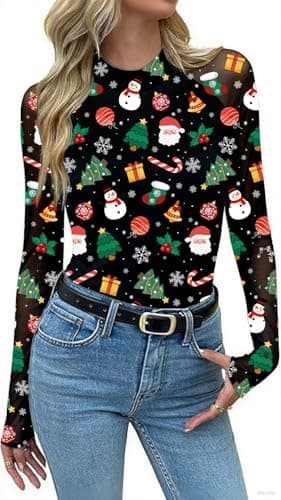 Mesh Long Sleeve Shirts for Women See Through Graphic Tees Sexy Costumes Y2k Mock Christmas Party Outfits Western Rodeo Tops - Image 1