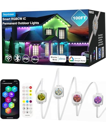 Seyxicnor 100ft Permanent Outdoor Smart Lights Pro with 60 RGBCW+IC LEDs & WiFi/Alexa Control, IP68 Waterproof Christmas Lights Outdoor Year-Round Lighting 108 Scene Modes for Daily, Halloween Décor - Image 1