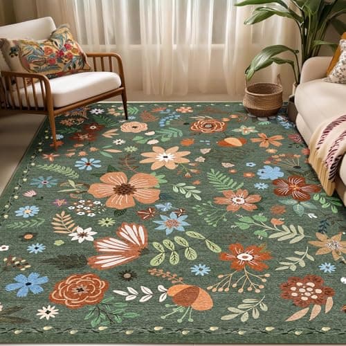 Washable Area Rugs, Floral Rug, Large Carpet for Living Room Bedroom,8'x 10',Green - Image 1