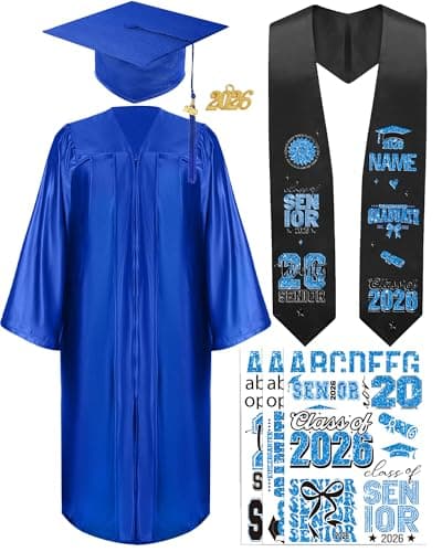 CRASHOT Graduation Cap and Gown 2026, Unisex Shiny Uniforms, Includes Stole, Tassel Charm & 9 PCS Heat Transfer Decals for College High School Graduate(Blue 51) - Image 1