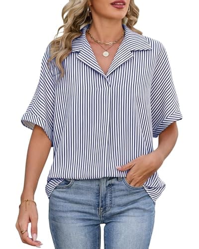 IEEILULU Women Striped Collared Shirt Casual Short Sleeve V Neck Blouse Tops Loose Fit Business Work Dressy Shirts Navy Blue Striped XL - Image 1