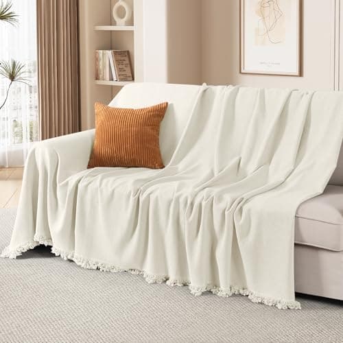 TAOCOCO Couch Cover, Couch Cover Blanket for Sofa, Thick Durable Throw for Sectional Couch, Washable Furniture Protector for Dogs Kids, Tassel Trim, 71''x134'' Beige - Image 1