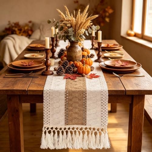 yuboo Boho Coffee Table Runner 48 Inch, Spring Farmhouse Burlap Dresser Runner Scarf, Rustic Macrame Runner for Round Table, TV Stand, Entryway Console, Neutral Easter Decor - Image 1