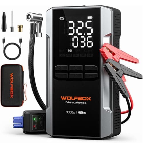 WOLFBOX 4000A Jump Starter with 160PSI Air Compressor, 12V Car Battery Booster, 88.8Wh Portable Jump Box (10.0 Gas/10.0L Diesel) with 65W Fast Charging, Tire Inflator, Jumper Cables, and LED Light - Image 1
