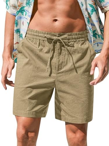 RQP Mens Cotton Linen Short Drawstring Button Stretch Vacation Shorts,Brown - Image 1