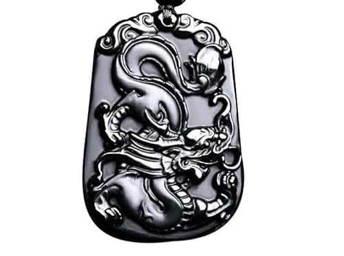FUDIDU Dragon Rectangle Black Obsidian Necklace for Men Women, Stone Pendant Crystal Jewelry Chinese Zodiac Sign Charm Hand-Carved Gemstone Amulet with Adjustable Cord, Personalized dainty cute Gifts - Image 1
