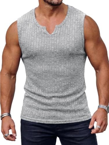 JEMLDL Men's Basic Sleeveless Tank Tops Muscle Knit Ribbed V Neck Gym Workout Shirts Athletic Tee Gray L - Image 1