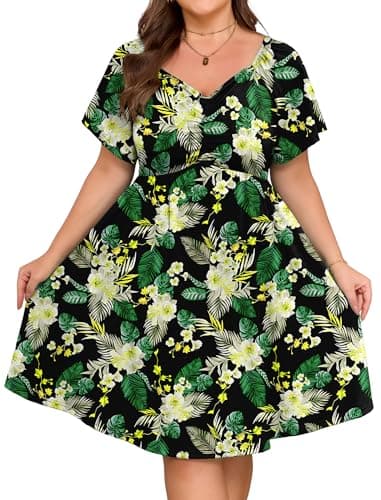 HUSKARY Plus Size Dresses for Women 2026 Summer Sweetheart Neckline Flare Short Sleeve Knee Length A Line Elastic Waist Casual Midi Dress with Pockets - Image 1