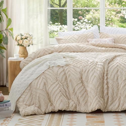 BEDELITE Twin Size Comforter Set - Tufted Boho Bedding Set, Beige Boho Comforter for College Dorm, Soft Lightweight Comforter Twin, 2 Pieces Farmhouse Jacquard Bed Set for All Seasons