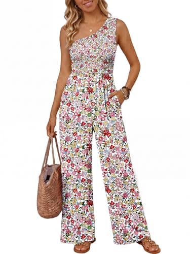 LILLUSORY Women's Floral Jumpsuit Off Shoulder Wide Leg Boho Romper, Summer Beach Casual Outfit for Vacation Party Pink S - Image 1
