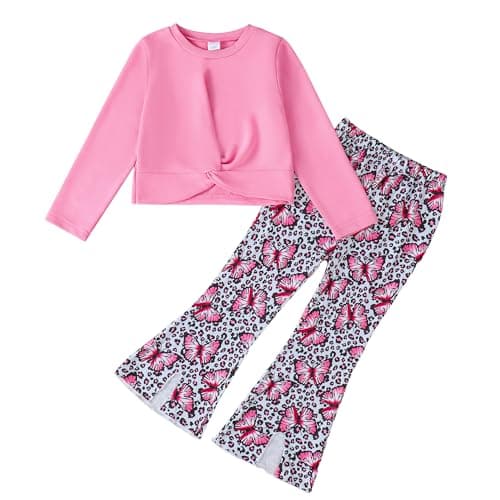 YWFSHOP Girls Clothes Set 2 Piece Long Sleeve Pullover Sweatshirt and Flare Pants Floral Outfits Girl Fall Winter - Image 1
