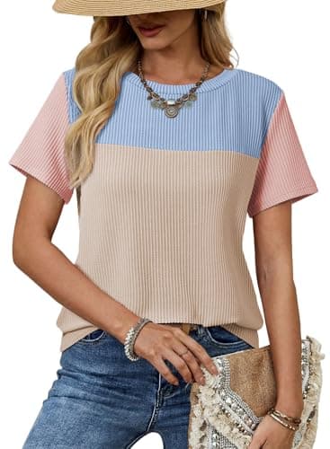 Dokotoo Summer Tops for Women Trendy 2026 Oversized Shirts for Women Color Block Cute Tee Top Spring Summer Casual Top and Blouses Vacation Outfits Loose Fit Short Sleeve Womens Tops Blue Khaki XXL - Image 1