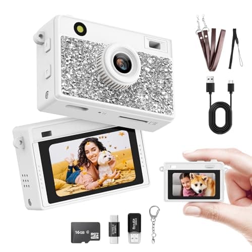 HOTU Mini Keychain Camera, 2K 20 MP Bling Mini Digital Camera with 16G Card Travel and Vlog, Long Battery Life, Photo Video Camera Compact and Portable for Kids, Teens, White - Image 1