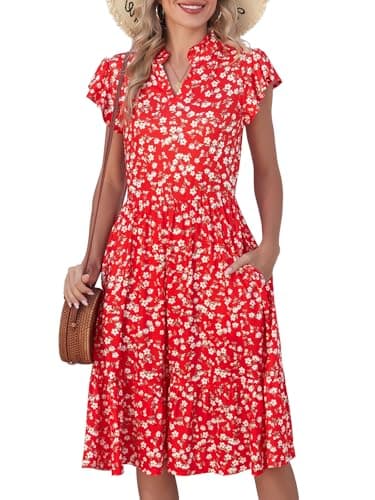 Lyrur Womens Summer Dresses 2026 Flutter Sleeve V Neck Midi Dress Casual Flowy Tiered Beach Sundress (M,7070 Red Floral) - Image 1