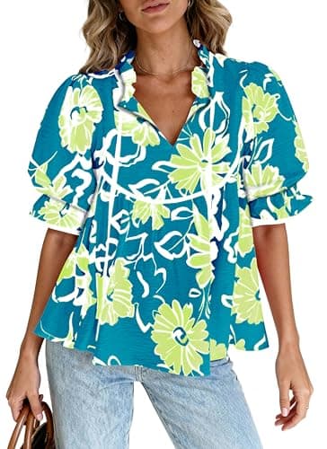 PRETTYGARDEN Womens Summer Tops 2026 Cute Puff Sleeve Ruffle V Neck Babydoll T-Shirts Boho Floral Fall Peplum Shirts(Blue Green Floral,Medium) - Image 1