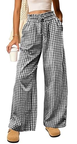 Dookttker Cotton Gingham Striped Pants Women High Waisted Ruffle Wide Leg Lounge Pajama Trousers with Pockets - Image 1