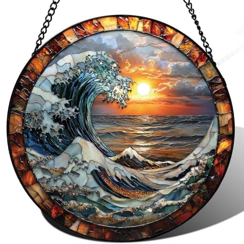 Zizzie The Ocean Waves and The Sunrise Suncatcher -7.9 in Stained Glass Window Hanging Sun Catcher Garden Decor - Image 1