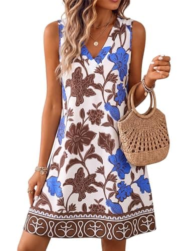 Wenrine Womens Sleeveless Mini Dress Casual Floral V Neck Summer Loose Boho Beach A Line Tank Dresses with Pockets - Image 1