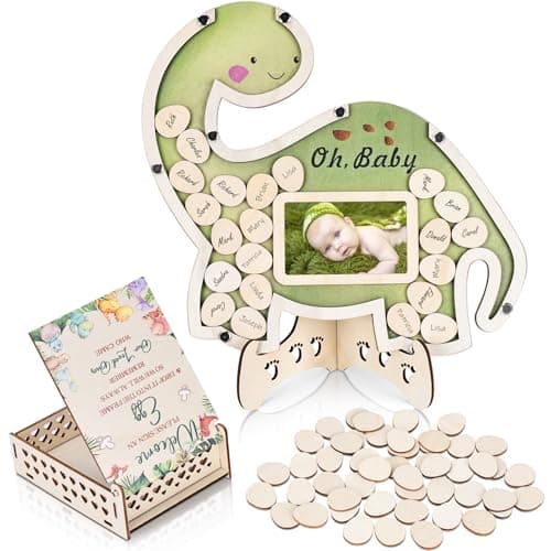 HANDSOME MONKEY KING Dinosaur Baby Shower Guest Book Alternatives, Baby Shower Decorations with Photo Frame and Wooden Dinosaur Egg Slices, Guest Sign in GuestBook for Gender Reveal Decorations - Image 1