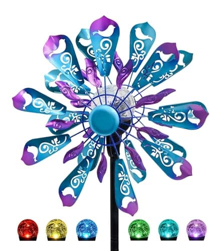 Gronhof Solar Wind Spinner Outdoor with Color-Changing Crackle Glass Globe, 63" Metal Kinetic Hummingbird Wind Spinner with Dual Rotating Blades for Garden, Patio & Lawn