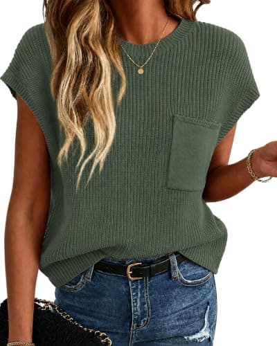QUALFORT Women's Short Sleeve Sweater Cotton Knit Top Small Army Green - Image 1
