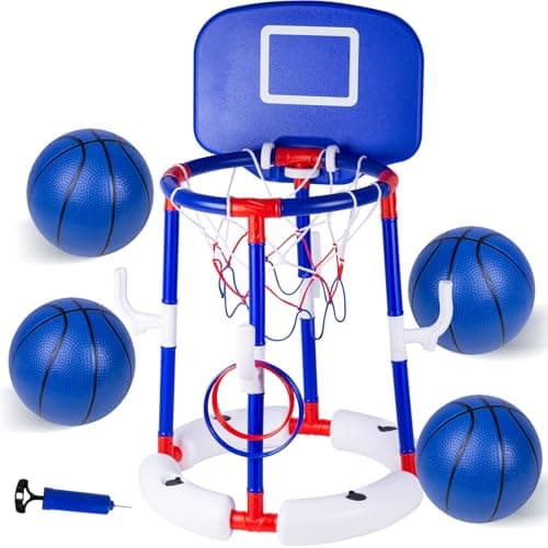 EXCECAR 2-in-1 Floating Pool Basketball Hoop Set,Blue Swimming Pool Basketball Hoop with Backboard,4 Balls,6 Rings & Pump,Water Basketball Hoop for Pool Party Fun & Outdoor Indoor Pool Toys - Image 1