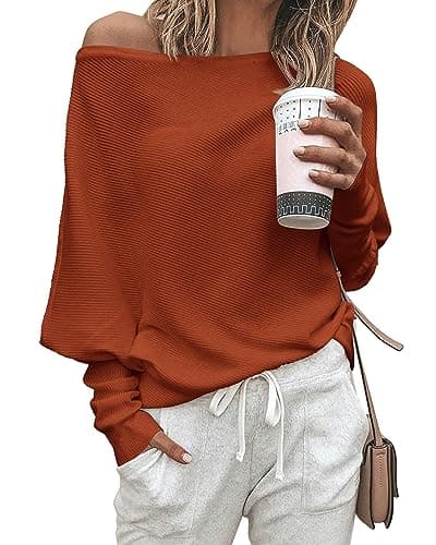 Zenlonr Women's Fall Winter Sweaters 2025 Casual Long Batwing Sleeve Loose Off Shoulder Knit Pullovers Jumper Tops(Orange,X-Large) - Image 1