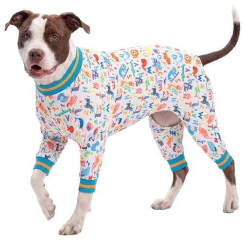 LovinPet Dog Onesie for Surgery Male Large Breed, Undershirt for Pitbull Dog,Lightweight Stretchy Flannel Fabric,White Noah's Ark Alphabet Print,Big Dog Jammies,Uv Protection Shirt,Easy to Wear,2XL - Image 1