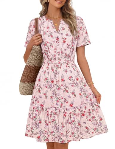 MEROKEETY Women's 2026 Spring Summer Floral Dress V Neck Short Sleeve Button A Line Boho Beach Flowy Vacation Dresses, Apricot, Medium - Image 1
