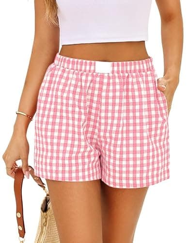 Marvmys Cotton Boxers for Women Lightweight Shorts Baggy Boxer Shorts Elastic Waist Plaid Pj Bottoms Pink M - Image 1