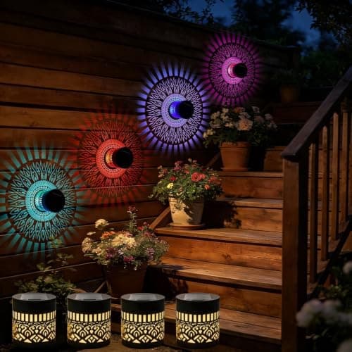 Life Wheel Solar Projection Lights Outdoor, New Version Solar Mandala Lights, 6 Color Changing Waterproof Metal Fence Lights for Yard, Wall, Garden, Patio, Backyard Decoration, Multicolor, 4 Pack - Image 1