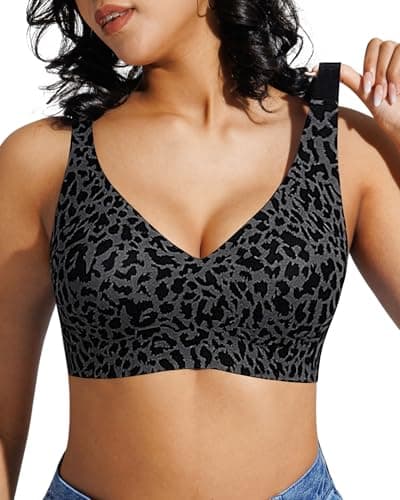 Popilush Womens Wireless Bra Seamless No Underwire Push Up Plunge Deep V Bralette with Adjustable Straps Everyday Comfortable T-Shirt Bra Leopard Black - Image 1