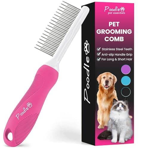 Poodle Pet Detangling Pet Comb with Long & Short Stainless Steel Teeth for Removing Matted Fur, Knots & Tangles – Detangler Tool Accessories for Safe & Gentle DIY Dog & Cat Grooming (Pink) - Image 1