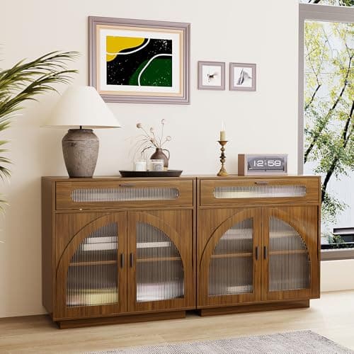 ALWXIA Sideboard Buffet Cabinet with Storage, 63” Farmhouse Curved Design Accent Cabinet with Acrylic Doors & Adjustable Shelves, Modern Coffee Bar (Sideboard W/Drawers_Walnut, 2Pcs)