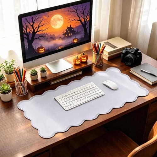 yuboo Grey Scalloped Desk Mat, 31" x 15.7" Large Waterproof Pastel Desk Mat Cottagecore Aesthetic Desk Pad Desktop Keyboard Mouse Mat for Dorm Office Gaming Decor - Image 1