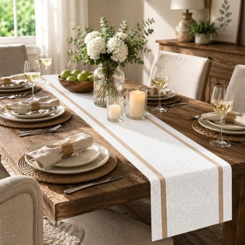 FAVE Woven Vinyl Table Runner White Table Runner Woven with Golden Threads 120x12 Inches Heat Resistant Dining Table Mats for Wedding, Banquets, Birthday, Party, Restaurant (White, 1PCS) - Image 1