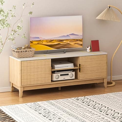 GlouMod TV Stand for TV up to 65 Inches, 55" Entertainment Center with Storage Cabinets and Marble White Top, Fluted Panels, Mid Century Modern Media Console Table for Living Room, Light Wood