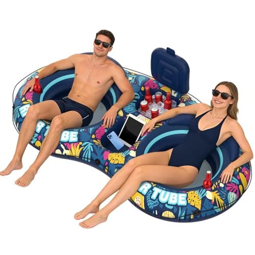 POVRYE Pool Floats Adult, 2 Person River Tubes Inflatable 5-in-1 Heavy Duty River Raft with Backrests Builtin Cooler 2 Cup Holders Floating Lounge for Lake Swimming Tanning Pool Toys Summer Relaxation