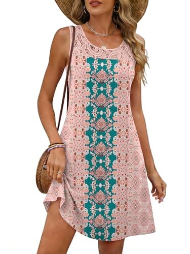 ANRABESS Womens Summer Floral Dresses Lace Crew Neck Sleeveless Sundress 2026 Mini Tank Dress Beach Cover Ups with Pockets Bohemian Pink X-Large - Image 1