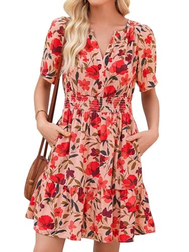 SupGain Summer Dresses for Women 2026 V Neck Short Sleeve Smocked Waist Ruffle Hem Casual Mini Dress with Pockets Red Floral - Image 1